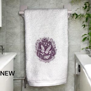 Embroidered Bathroom Hand towel with Embossed Butterfly Cameo, Bathroom Decor,  Gift Idea