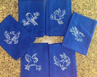 Whimsical Birds Cloth Dining Napkins, Fabric Napkins, Bread Basket Liner, Embroidered (Set of 6)