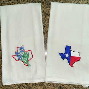 Embroidered Texas Kitchen Towels: Bluebonnet & Lone Star Cotton Tea Towels