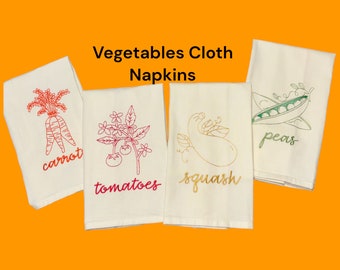 Embroidered Vegetables Cloth Dining Napkins, Fabric Napkins, Bread Basket Liner, (Set of 4)