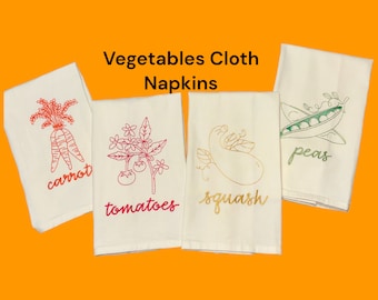 Embroidered Vegetables Cloth Dining Napkins, Fabric Napkins, Bread Basket Liner, (Set of 4)
