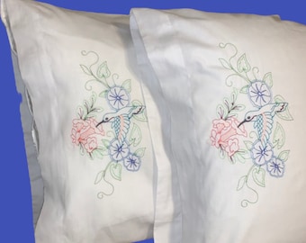 Embroidered Hummingbird & Flower Medley, Set of Pillowcases - Gift Idea - His and Hers