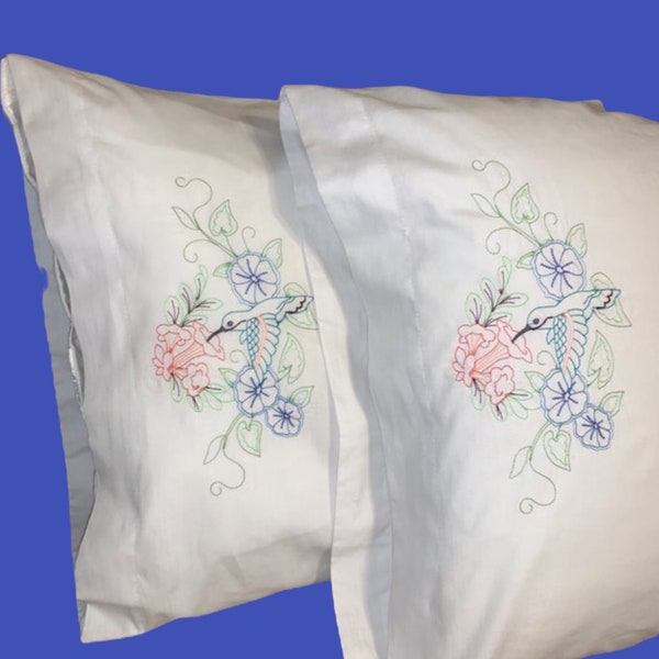 Embroidered Hummingbird & Flower Medley, Set of Pillowcases - Gift Idea - His and Hers