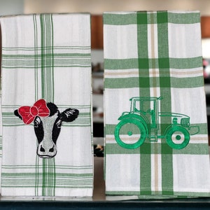 Embroidered Kitchen Towels, Beautiful Country Cow and Pretty Green Tractor, Dish Towels, Linen, Kitchen & Dining, Gift Idea