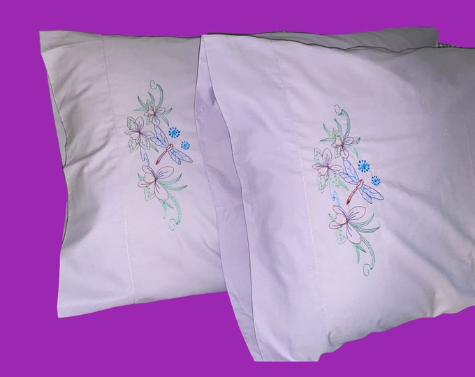 Embroidered Dragonfly Border, Set of Pillowcases - Gift Idea - His and Hers
