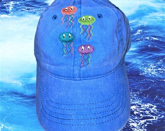 Jellyfish Embroidered Ladies Light Blue Baseball Cap with  - Gift Idea - Nautical