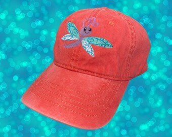 Dragonfly Embroidered , Faded Orange, Baseball Cap,  Trucker cap, Dad Hat, Gift Idea