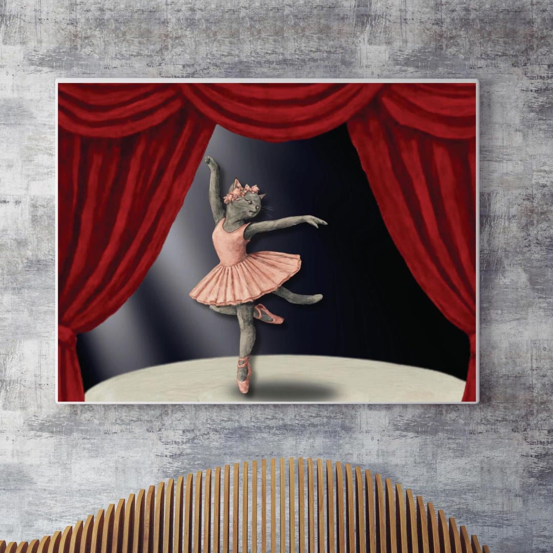 Ballerina Cat Poster Dancing Animal Whimsical Wall Art Theatrical ...