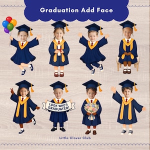 Könnte beinhalten: Eine Collage von Kindern in Abschlusskleidung. Jedes Kind trägt eine marineblaue Kappe und einen Umhang mit goldenen Akzenten. Einige halten Luftballons, Diplome oder Blumen. Der Text lautet "Graduation Add Face" und "Little Clover Club".