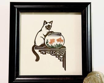 Siamese Cat: The Contemplator. Framed Paper Cutout.