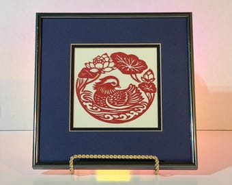 Mandarin Duck with Lotus. Framed Traditional Chinese Paper Cutout.
