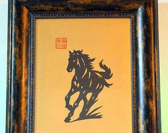 Sealed Fortune Black Horse Paper Art – Layered Gold Textured Sculpture (Framed)