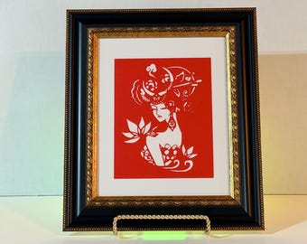 Handmade Oriental Papercut Art, Framed Asian Woman Wall Decor