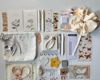 Beige Bookish Bundle, Vintage Floral Journal Kit, Stationery Gift Set, Scrapbooking Supplies