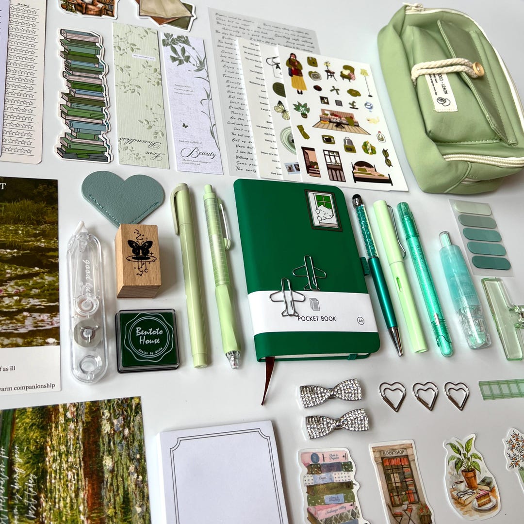 Green Bookish Stationery Set, Journaling Kit, Scrapbook Supplies, Book ...