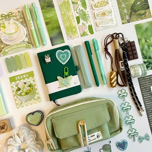 Green Stationery Bundle, Journal Kit, Notebook, Stickers, Pens, Washi Tape