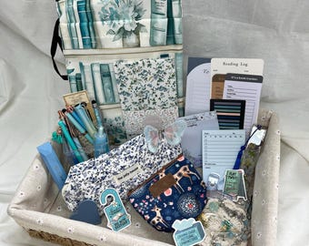 Classic floral stationery gift box, blue bookish bundle set, vintage reading journal kit, mystery box