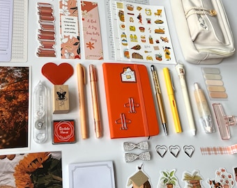 Orange bookish stationery bundle, journal kit with pencil case, cosy study gift set