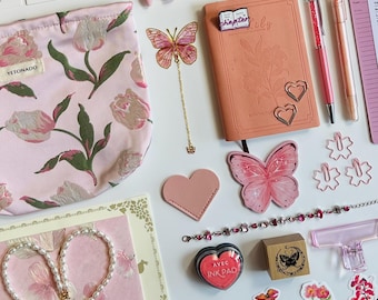 Pink bookish bundle, vintage floral stationery set, journal kit, makeup pouch, notebook