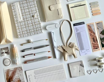 Cream Beige Bookish Bundle, Stationery Set, Journaling Kit, Notebook, Wallet, Pens