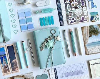 Mint blue stationery set, bookish bundle, journaling kit, bag charm, pens, washi tapes, notebook