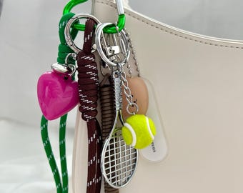 Tennis Y2K Bag Charm – Green Sport Keychain with Heart & Ball Pendant