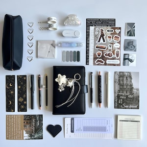 Black stationery set, dark bookish bundle, journal kit, school supplies with leather notebook