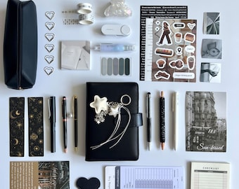 Black stationery set, dark bookish bundle, journal kit, school supplies with leather notebook