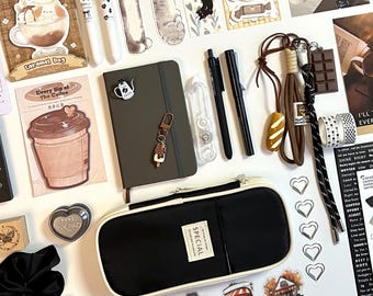 Blac and Brown  Kawaii Stationery Bookish Bundle, Journal Kit, Notebook, Stickers, Pens, Washi Tape