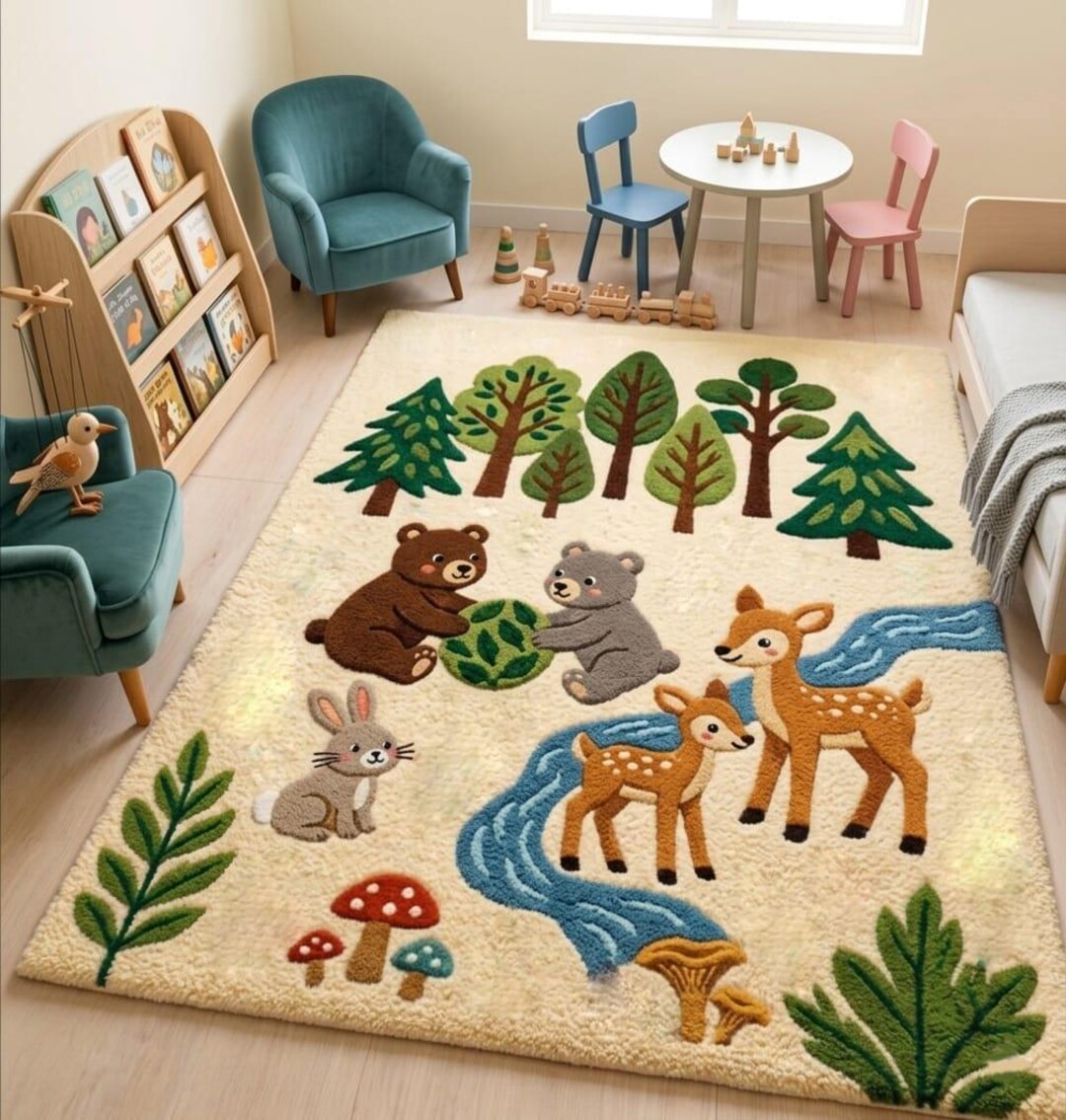 Hand Tufted Woodland Animals Rug, Forest Bear Deer Bunny Nursery Carpet ...