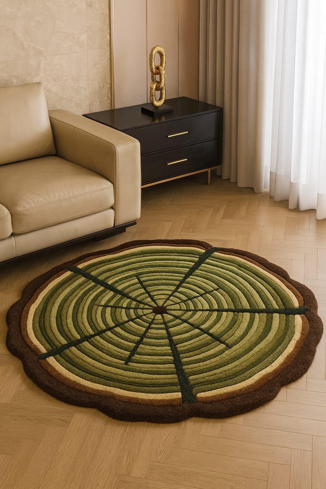 Hand Tufted Tree Ring Rug – 100% Wool Round Green Nature Inspired ...