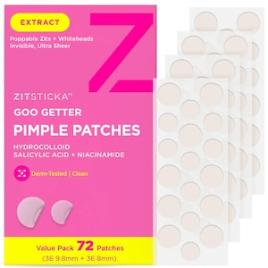 May include: A pink box of Zitsticka Goo Getter Pimple Patches with a large pink "Z" design. The box includes the text "Extract" and "72 Patches". The image also shows several sheets of round, clear pimple patches.