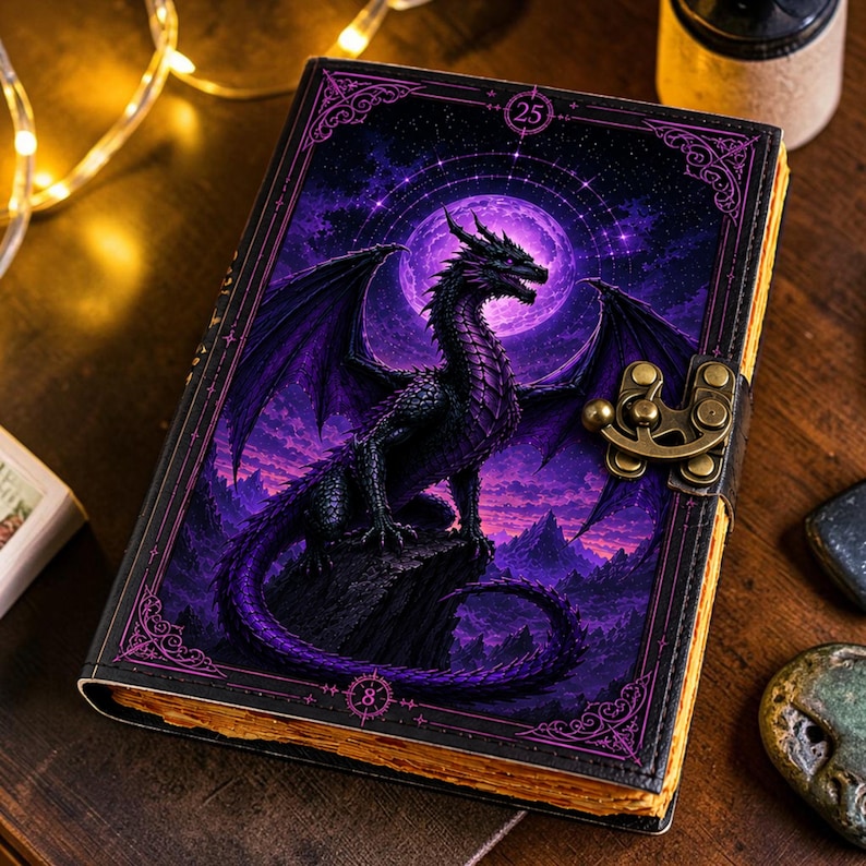 May include: A rectangular journal with a black cover featuring a purple dragon perched on a rock against a full moon and mountain landscape. The cover has ornate purple borders, the number 25 at the top, the number 8 at the bottom, and a brass latch.