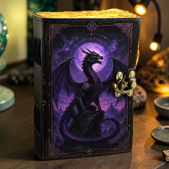Personalized Moon Dragon Journal with Lock, Fantasy Leather Notebook, Purple Dragon Diary, Gothic Journal, Dragon Lover Gift, Book of Shadow