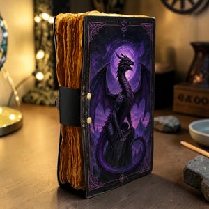 May include: A rectangular journal with a black cover featuring a purple dragon illustration and the number 25 in a circular frame. The book has a black leather strap closure with two gold-toned rivets and thick, deckled-edge pages in a golden-brown hue.
