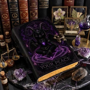 May include: A black journal with a metal latch featuring a purple illustration of a winged goat creature sitting on a pentagram. The cover text reads, "ANYTHING THAT COSTS YOU YOUR PEACE IS TOO EXPENSIVE." The pages have a textured, aged appearance.