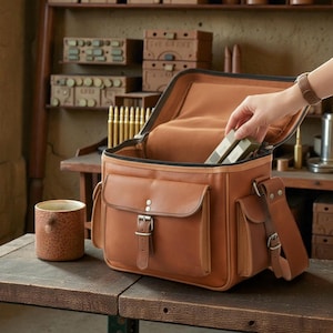 Puede incluir: Un bolso de cuero marrón con múltiples bolsillos y una correa para el hombro. La bolsa está abierta, revelando un interior marrón. Una mano está colocando objetos dentro. Una taza de cerámica está cerca.