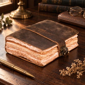 May include: A dark brown leather journal with a wrap-around strap and a decorative antique brass metal latch. The journal features thick, deckled-edge paper with a light tan, aged appearance, creating a textured look along the side of the book.