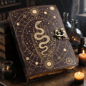 May include: A dark brown leather-bound journal featuring a gold-coloured embossed design of a snake coiled within an open palm, surrounded by celestial and astrological symbols. The book is secured with a metallic latch and has aged paper edges.