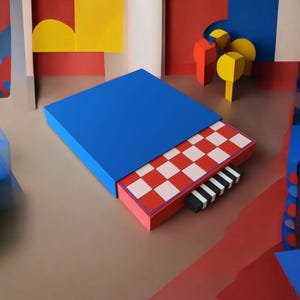 K&ouml;nnte beinhalten: Ein geometrisches Kunstwerk mit einer blauen rechteckigen Box mit einem rot-wei&szlig; karierten Muster im Inneren. Die Box ist teilweise ge&ouml;ffnet und zeigt das Muster. Das St&uuml;ck hat einen roten und rosa Rand und ein schwarz-wei&szlig;es rechteckiges St&uuml;ck an der Seite.