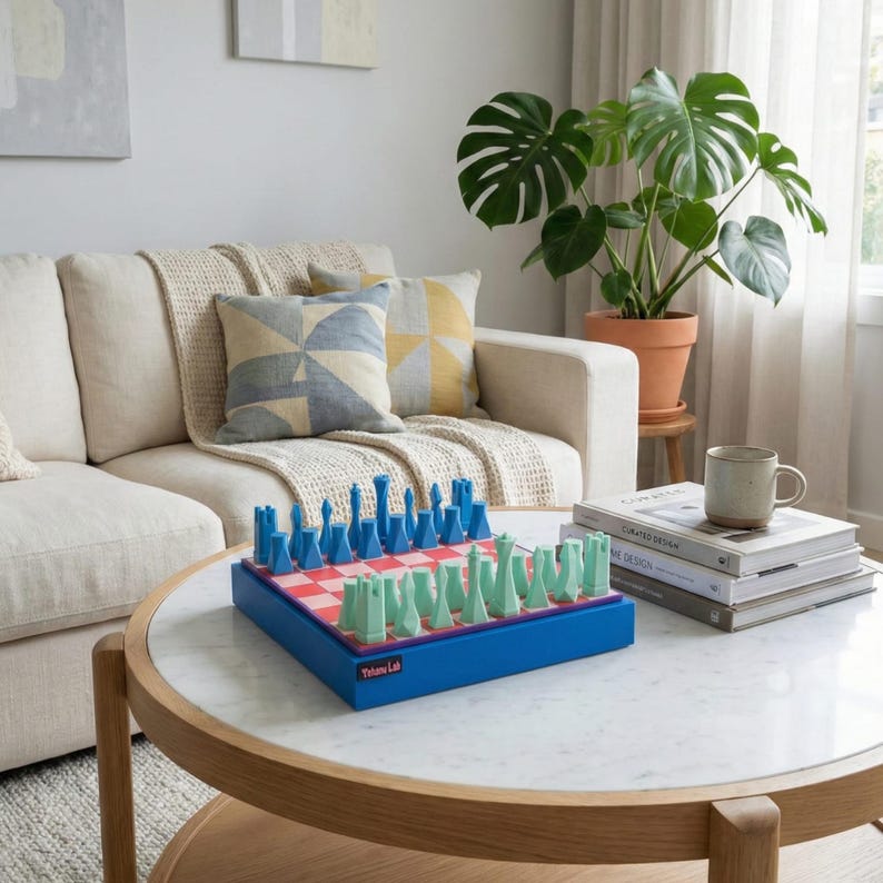 K&ouml;nnte beinhalten: Ein modernes Schachspiel mit blauen und gr&uuml;nen Figuren auf einem rot-wei&szlig; karierten Brett. Das Brett ist in einem blauen Rahmen gefasst. Das Schachspiel steht auf einem Couchtisch mit wei&szlig;er Marmorplatte in einem Wohnzimmer.