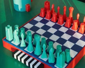 Personalized Chess and Checkers Set, Small Colorful Board Game, Eclectic Coffee Table Decor