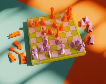 Schach und Dame Set | Flieder + Orange + Gelb + Grün | Kompaktes Brettspiel | Füge einen personalisierten Text hinzu