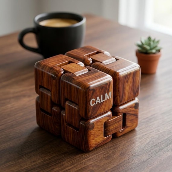 A hand-engraved wooden infinity cube that you can actually personalize — kinetic desk fidget meets heirloom craft, worlds apart from plastic spinners.
