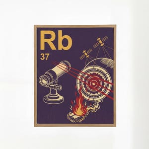 Puede incluir: Impresión enmarcada con un fondo morado oscuro que presenta un telescopio, satélites y un objetivo con rayos rojos. El texto "Rb" y el número "37" están en la esquina superior izquierda. Ilustración estilizada con estética retro.