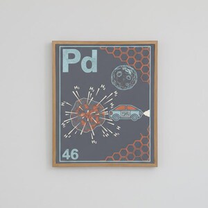 May include: A framed print featuring a dark gray background with the element symbol "Pd" in light blue. The print includes a stylized atom, a moon, a car, and honeycomb patterns in orange and white. The number "46" is at the bottom.
