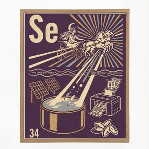 May include: A framed print with a purple background features the letters "Se" and the number "34". The artwork depicts a woman in a chariot pulled by horses, a pool, a printer, and almonds. Text reads "THIN LINE BETWEEN NUTRIENT AND POISON".