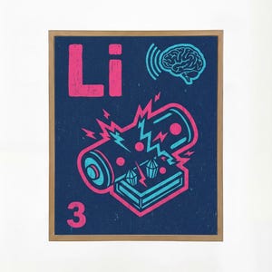 May include: A framed print with a navy blue background features the word "Li" in pink, the number "3", and a stylized illustration of a battery with lightning bolts. A brain with sound waves is also depicted in the upper right corner.