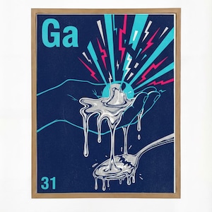 Op de afbeelding: Een ingelijste print met een gestileerde illustratie van gallium. Het kunstwerk toont een hand die een smeltende metalen bol vasthoudt, met het symbool "Ga" en het atoomnummer "31" in blauwgroen. Roze en blauwgroene bliksemschichten stralen uit de bol.