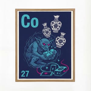 May include: A framed art print featuring a blue goblin holding blue glowing rocks, with the text "Co" and "27". The image includes four white and blue patterned vases and a charging station.